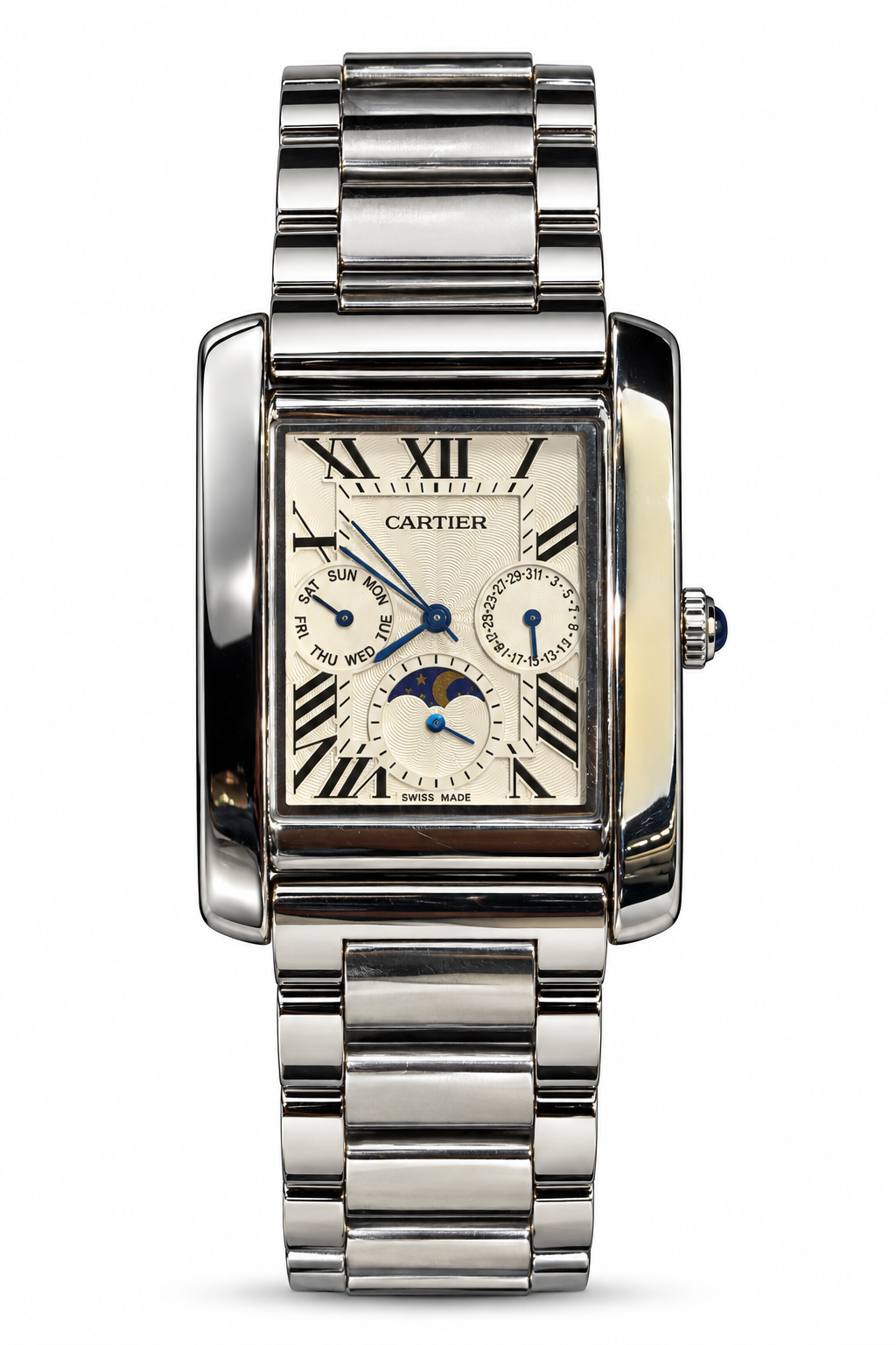 Cartier Tank Day Date Moonphase – White Dial – Stainless Steel Bracelet