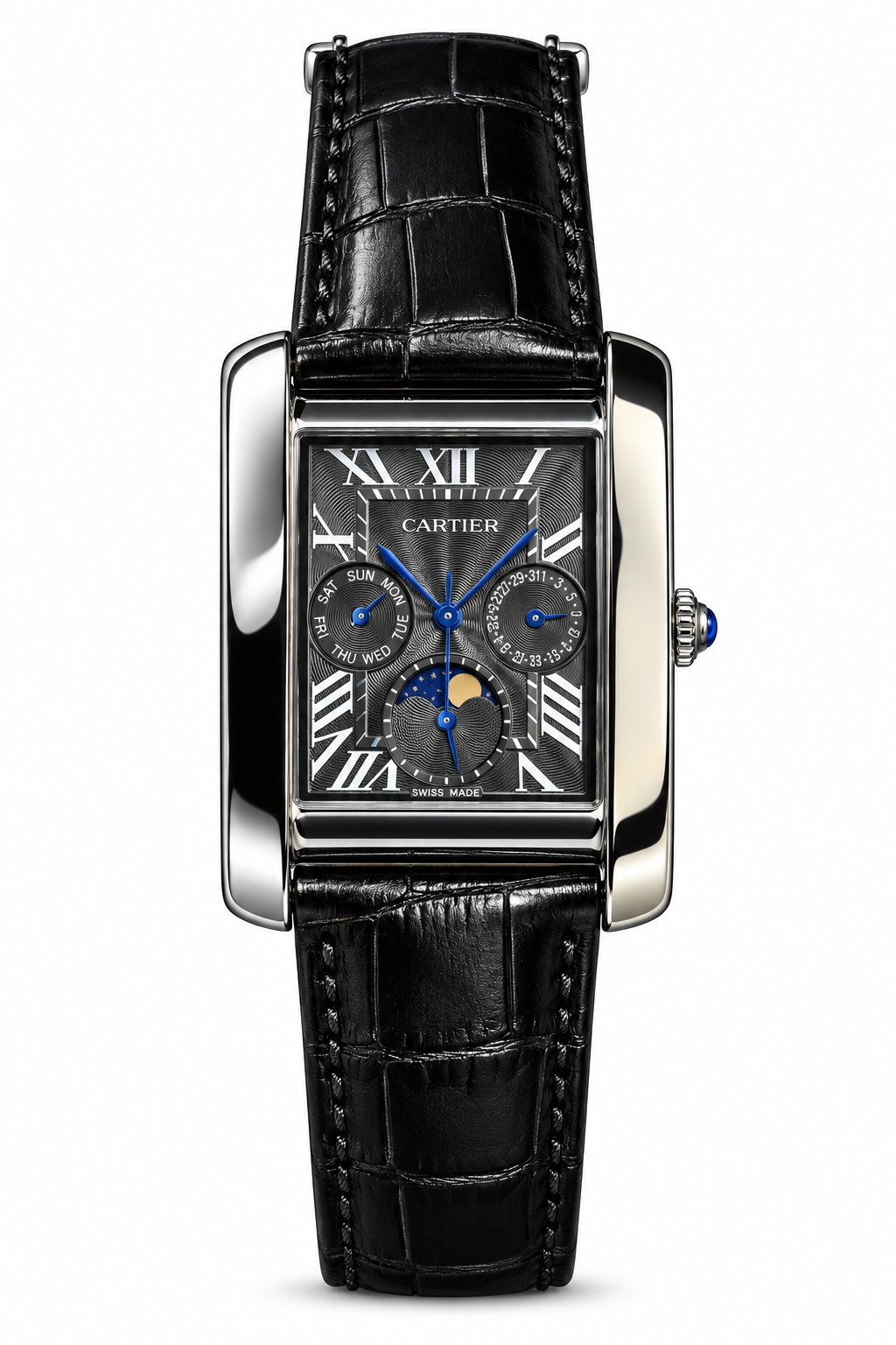 Cartier Tank Day Date Moon Phase – Black Dial – Black Leather Strap