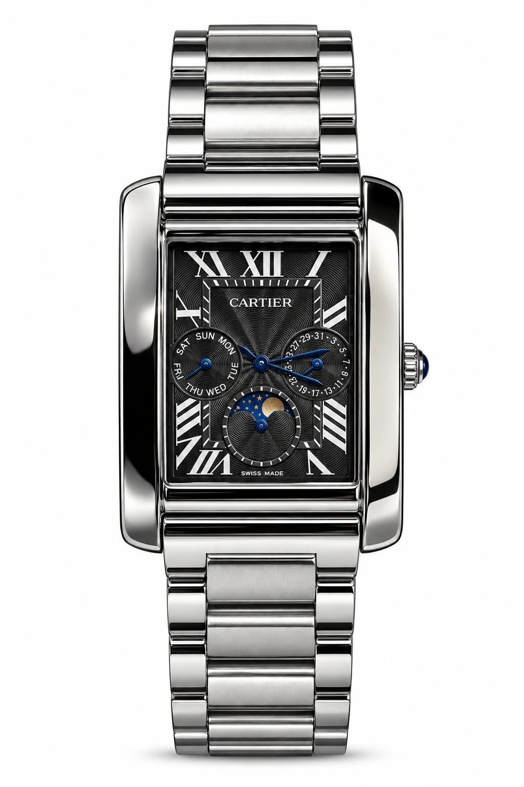 Cartier Tank Day Date Moonphase – Black Dial – Stainless Steel Bracelet