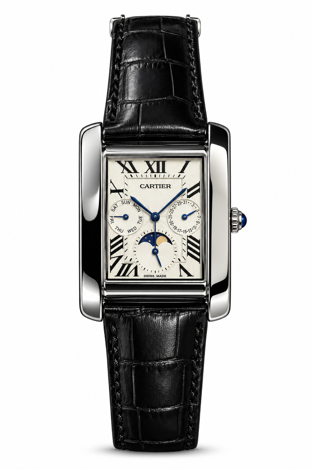 Cartier Tank Day Date Moon Phase – White Dial – Black Leather Strap.